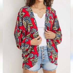 NWT Maurices Womens Open Front Red/Multi Floral Kimono Bat Sleeves 0x/1x